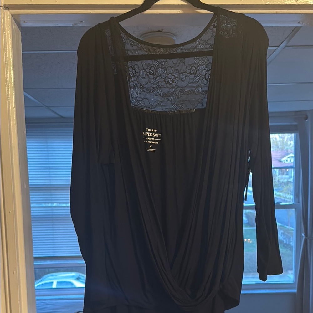 Torrid Knit Rayon Span Surplice Lace Back Long Sleeve Top